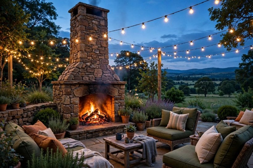 stone fireplace: lightweight stone veneer updating an older brick surround