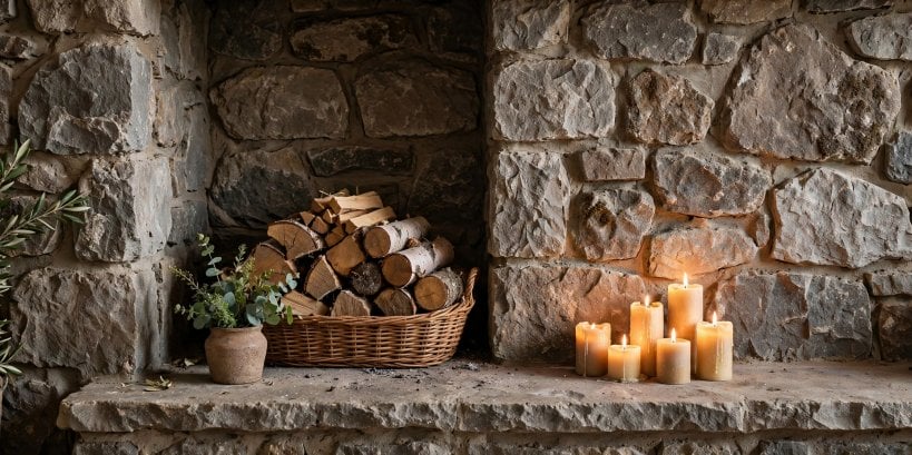 stone fireplace: cosy styling with logs, textiles and warm lamplight
