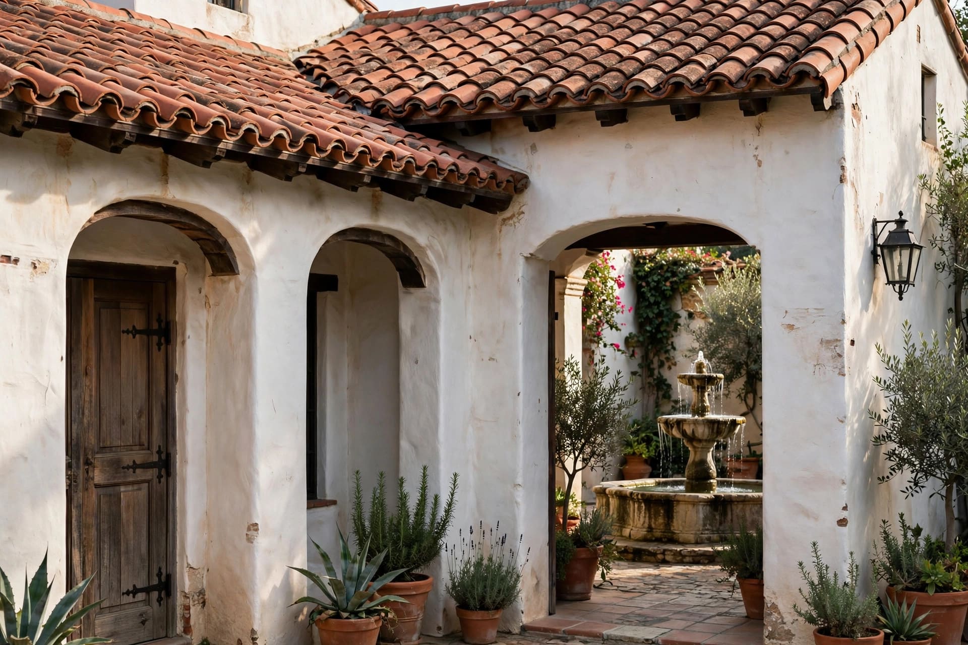 stucco house: Mediterranean-style exterior with arched windows and a tile roof