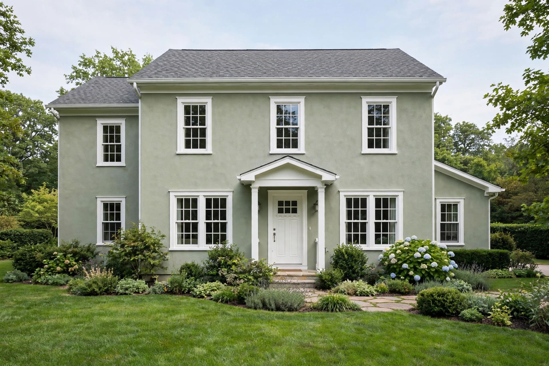 stucco house: smooth sand-finish walls in warm white