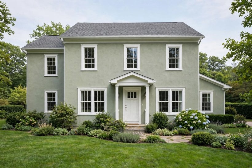 stucco house: smooth sand-finish walls in warm white