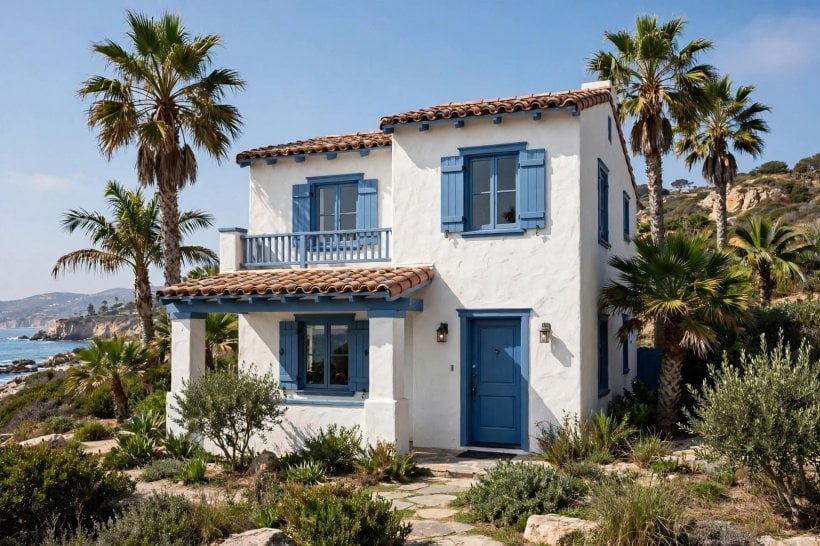 stucco house: stone veneer base paired with stucco walls