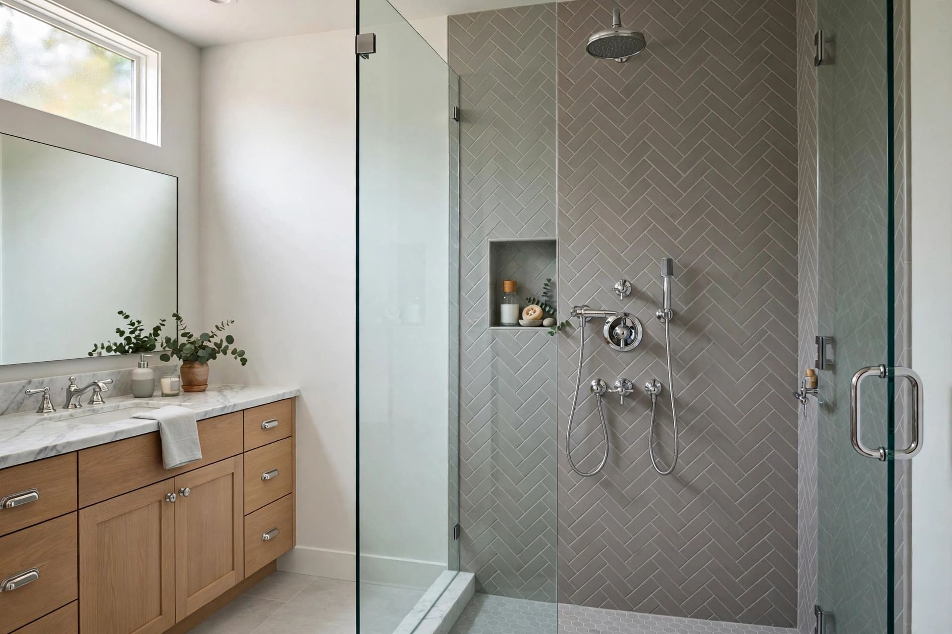 subway tile shower: classic running bond layout with white tiles and grey grout