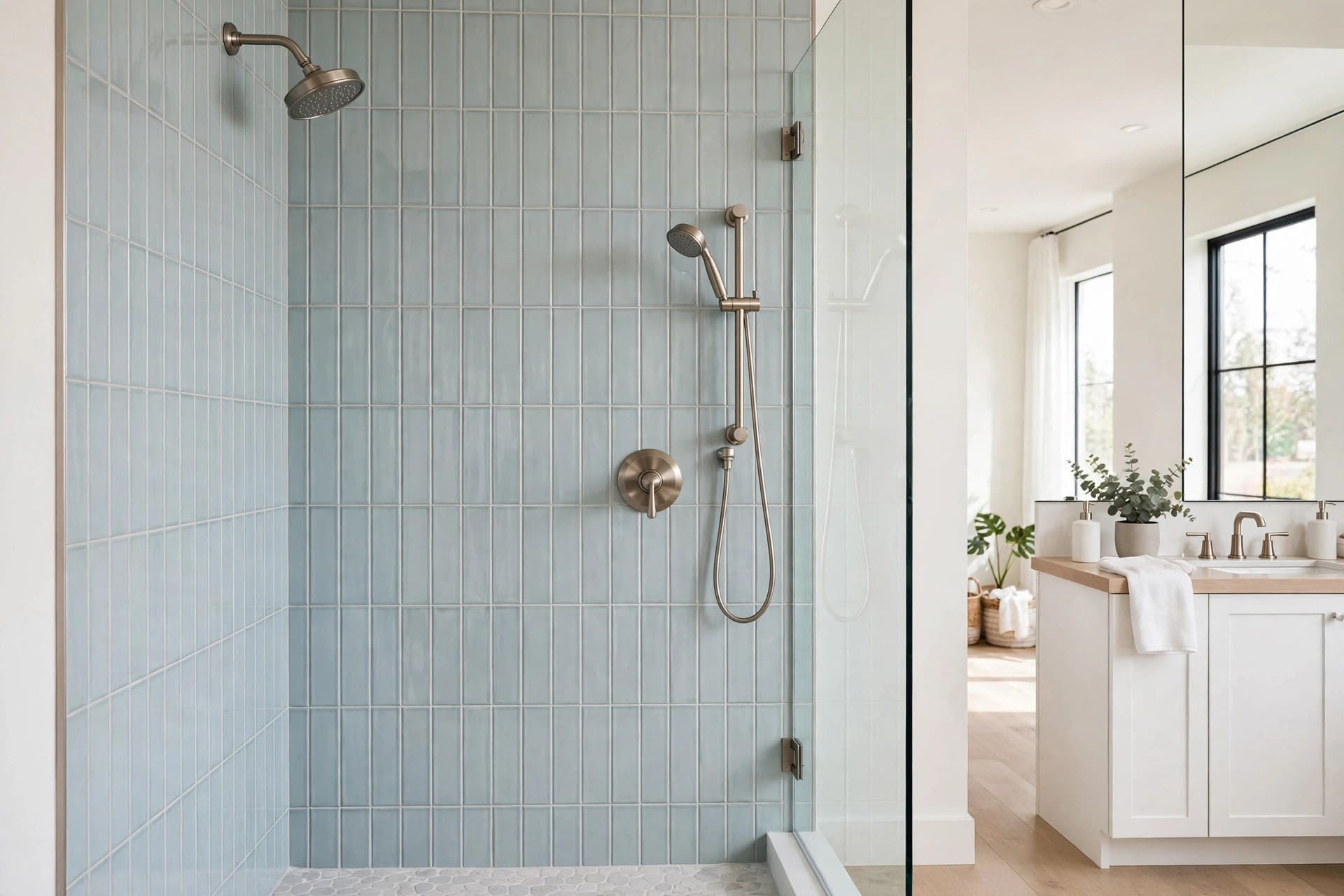subway tile shower: wooden vanity with a white basin against a tiled wall