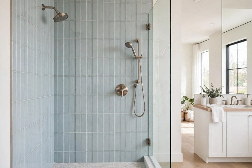 subway tile shower: wooden vanity with a white basin against a tiled wall