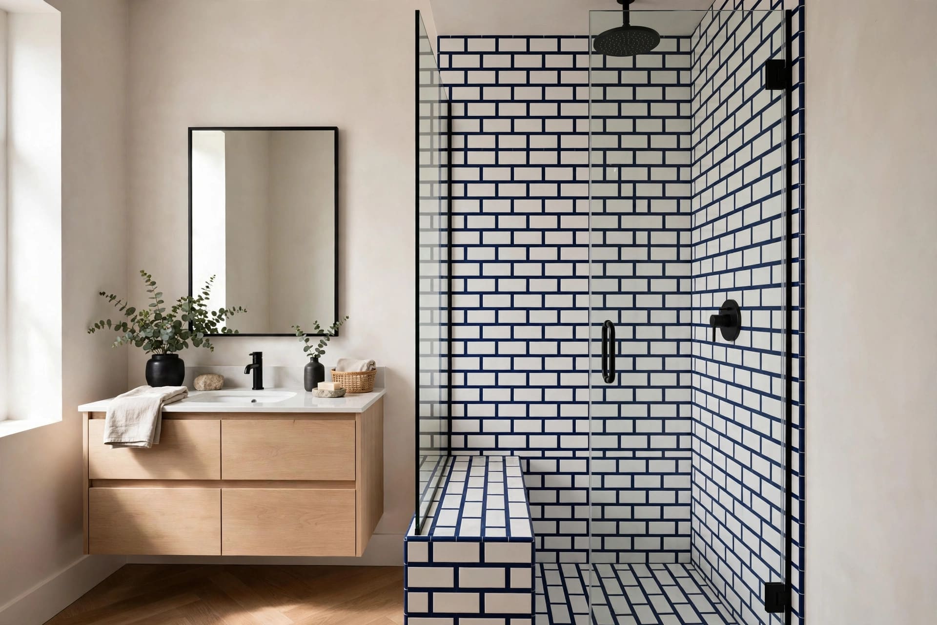 subway tile shower: walk-in enclosure with a tiled bench and twin niches