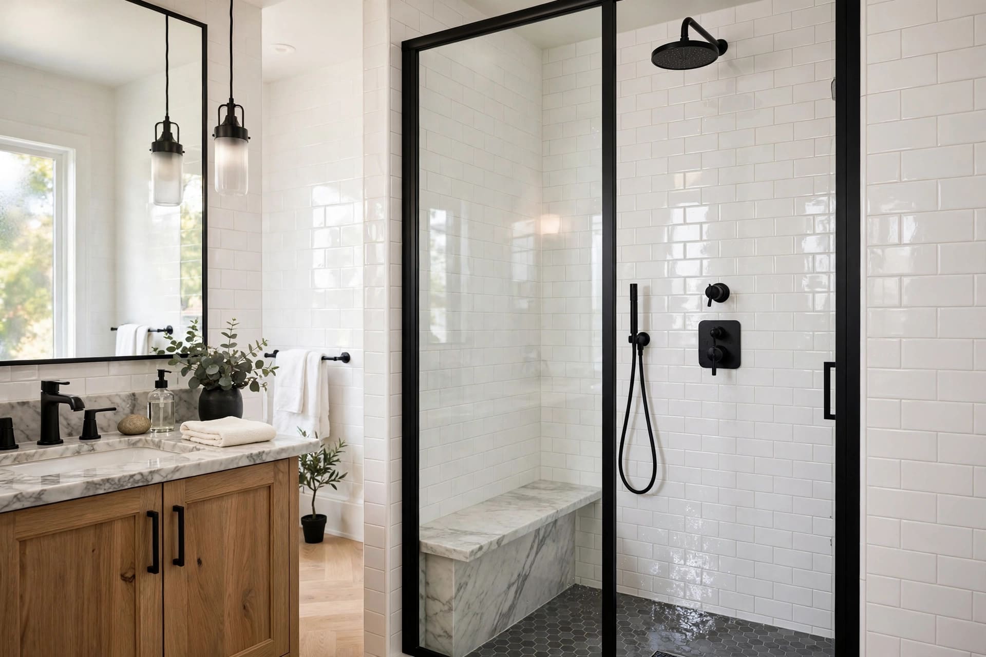subway tile shower: compact bathroom tiled to the ceiling with a wall-hung basin