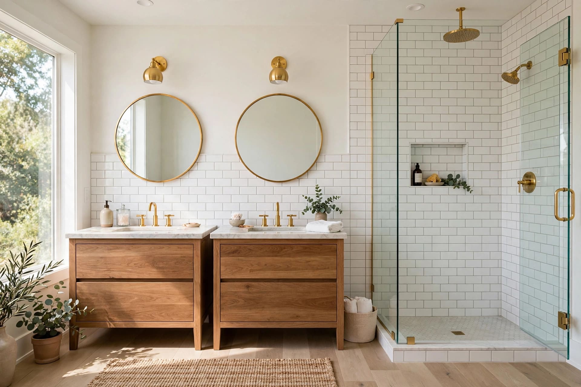 subway tile shower: chrome taps and a round mirror above a tiled splashback