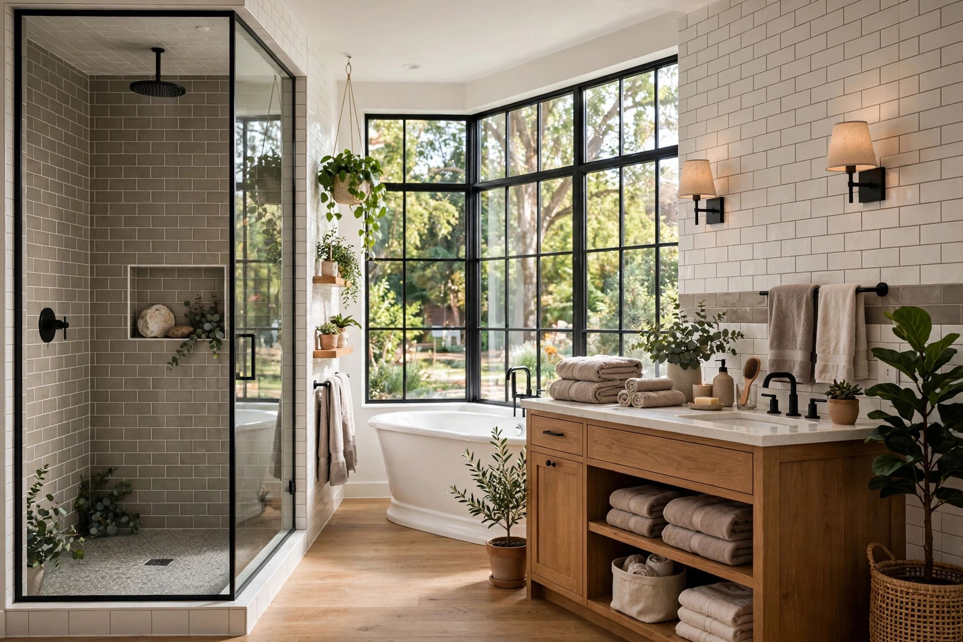 subway tile shower: tiled wall mixed with timber shelves and coastal colours