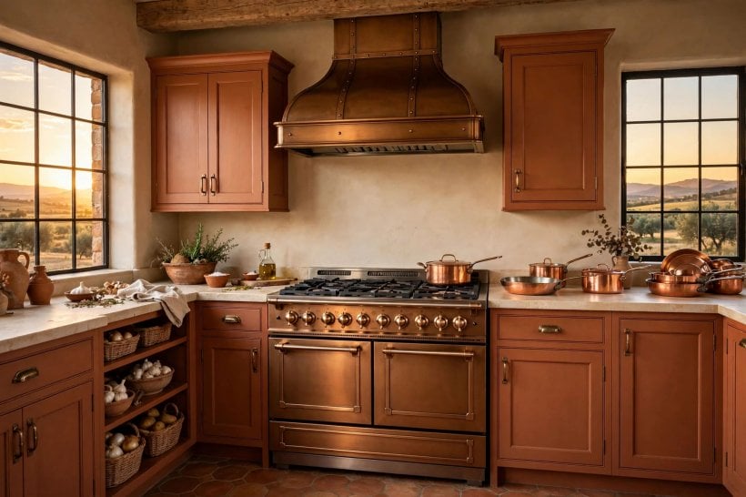 whirlpool sunset bronze appliances: comparing finish samples beside cabinet and worktop colours
