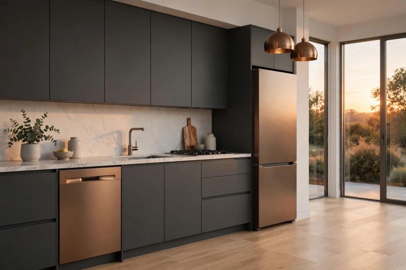 whirlpool sunset bronze appliances: checking handles and touch panels against the bronze finish
