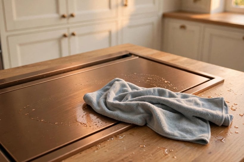 whirlpool sunset bronze appliances: wiping down a bronze finish with a soft microfibre cloth