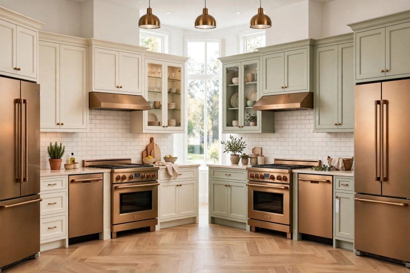 whirlpool sunset bronze appliances: a completed kitchen run with matching bronze appliances