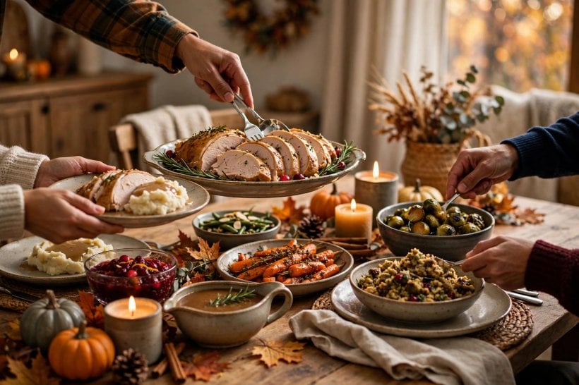 whole foods thanksgiving: a complete ordered Thanksgiving meal laid out ready to serve