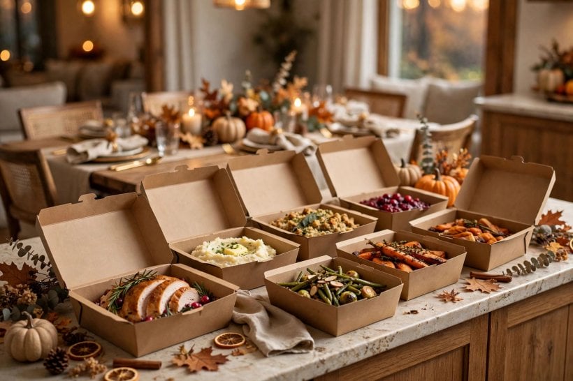 whole foods thanksgiving: labelled side dishes including a plant-based option