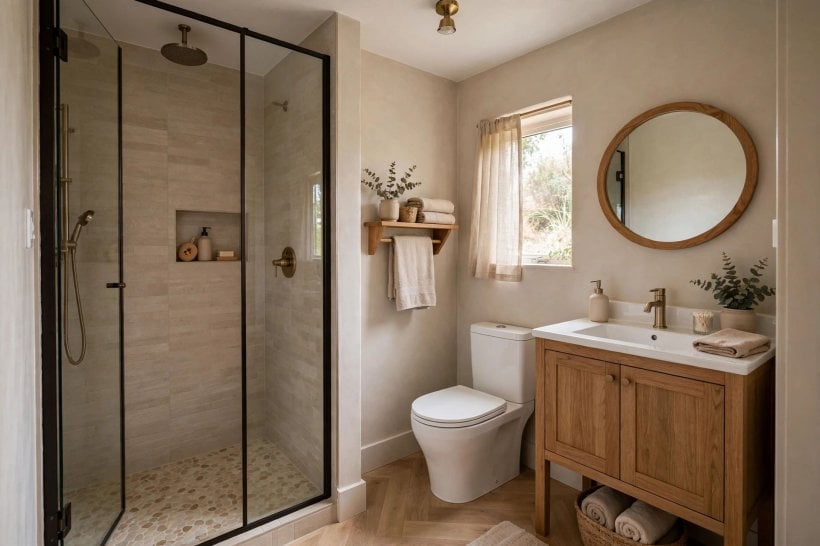 3/4 bathroom ideas: walk-in shower along the end wall of a compact room
