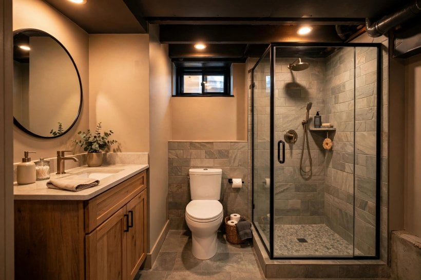 3/4 bathroom ideas: floating vanity with a large mirror and warm lighting
