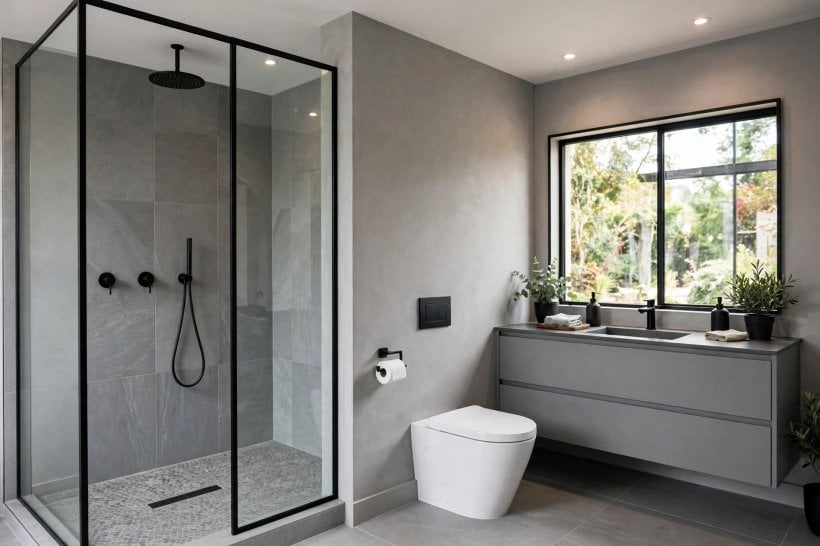 3/4 bathroom ideas: wall-hung toilet with a concealed cistern and shelf