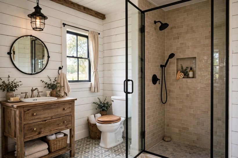 3/4 bathroom ideas: large pale tiles with a deep green accent wall