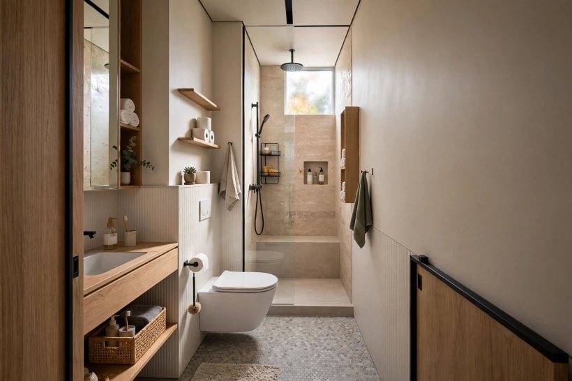 3/4 bathroom ideas: mirrored cabinet and recessed shelves in a small ensuite