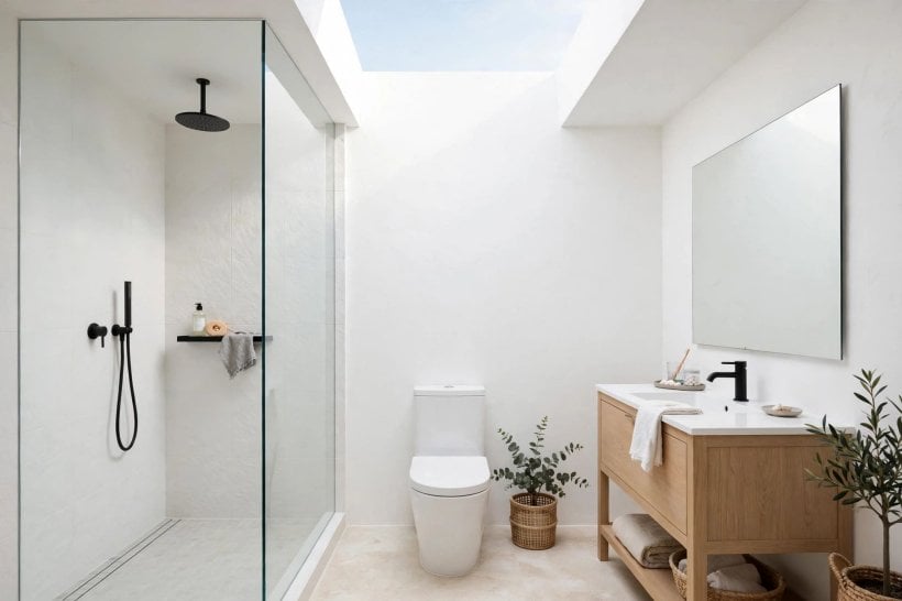 3/4 bathroom ideas: low threshold shower with a bench and grab rail