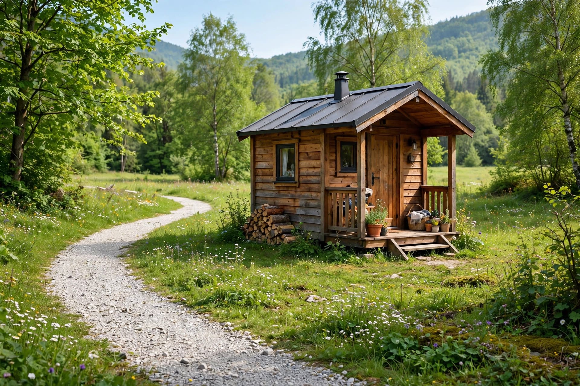 Tiny cabins for sale — featured image of a small timber cabin in a wooded clearing