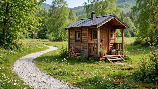 Tiny cabins for sale — featured image of a small timber cabin in a wooded clearing