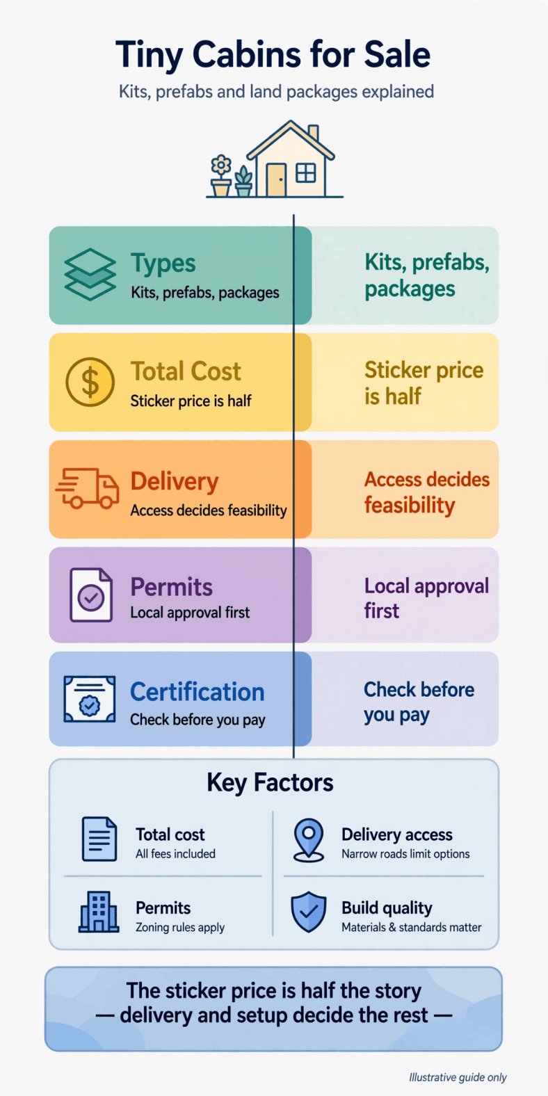 Tiny cabins for sale — infographic summary of kit, prefab and land-package buying checks
