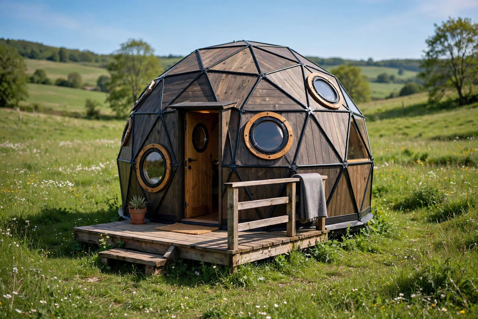 tiny dome home design with white geodesic dome exterior and small garden