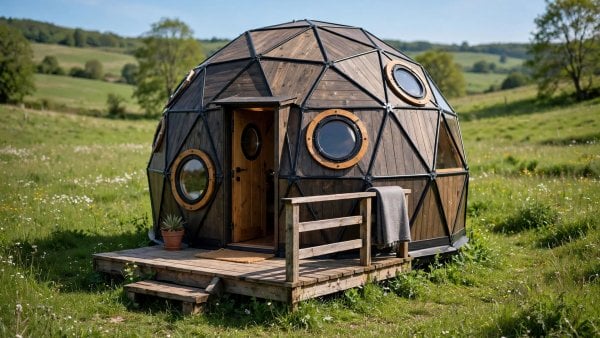 tiny dome home design with white geodesic dome exterior and small garden