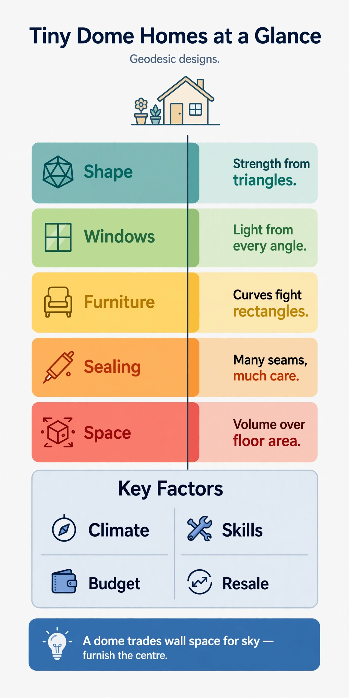 tiny dome home design infographic showing 12 geodesic designs compared
