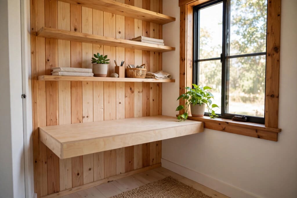 tiny home office ideas for a compact workspace with a fold-down desk, closed storage and daylight in 200 square feet