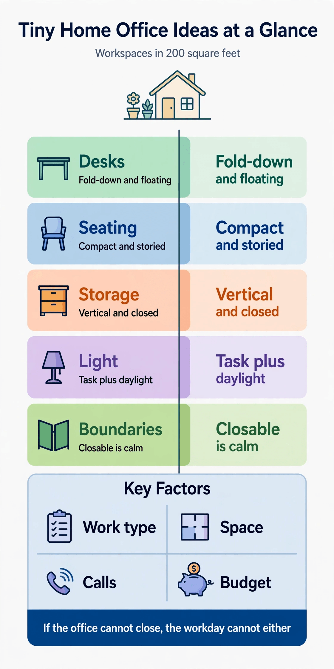 tiny home office ideas infographic with desk, seating, storage, light and boundary ideas to copy