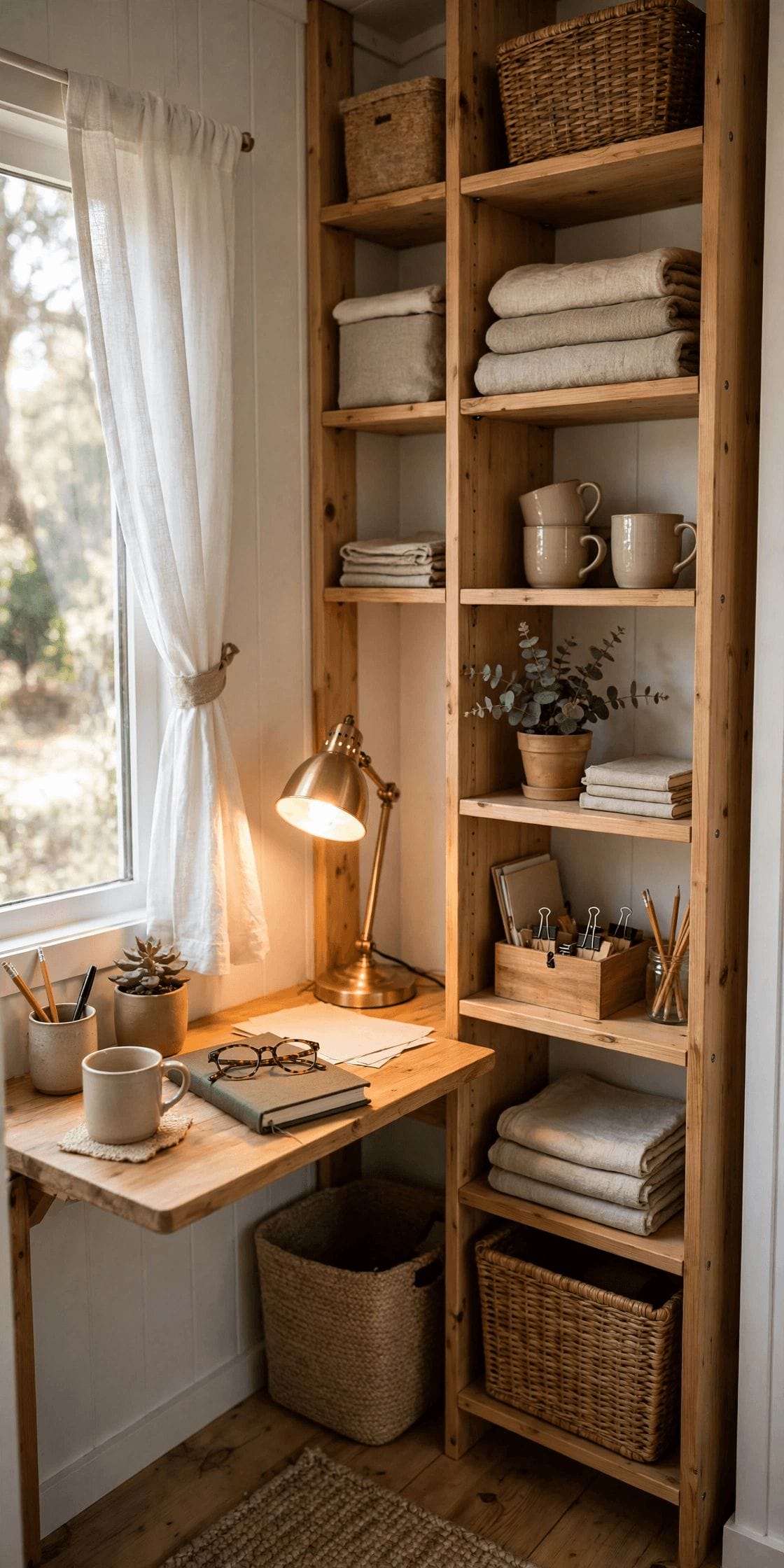 tiny home office ideas with a closable boundary, calm lighting and a chair that fits a small work corner
