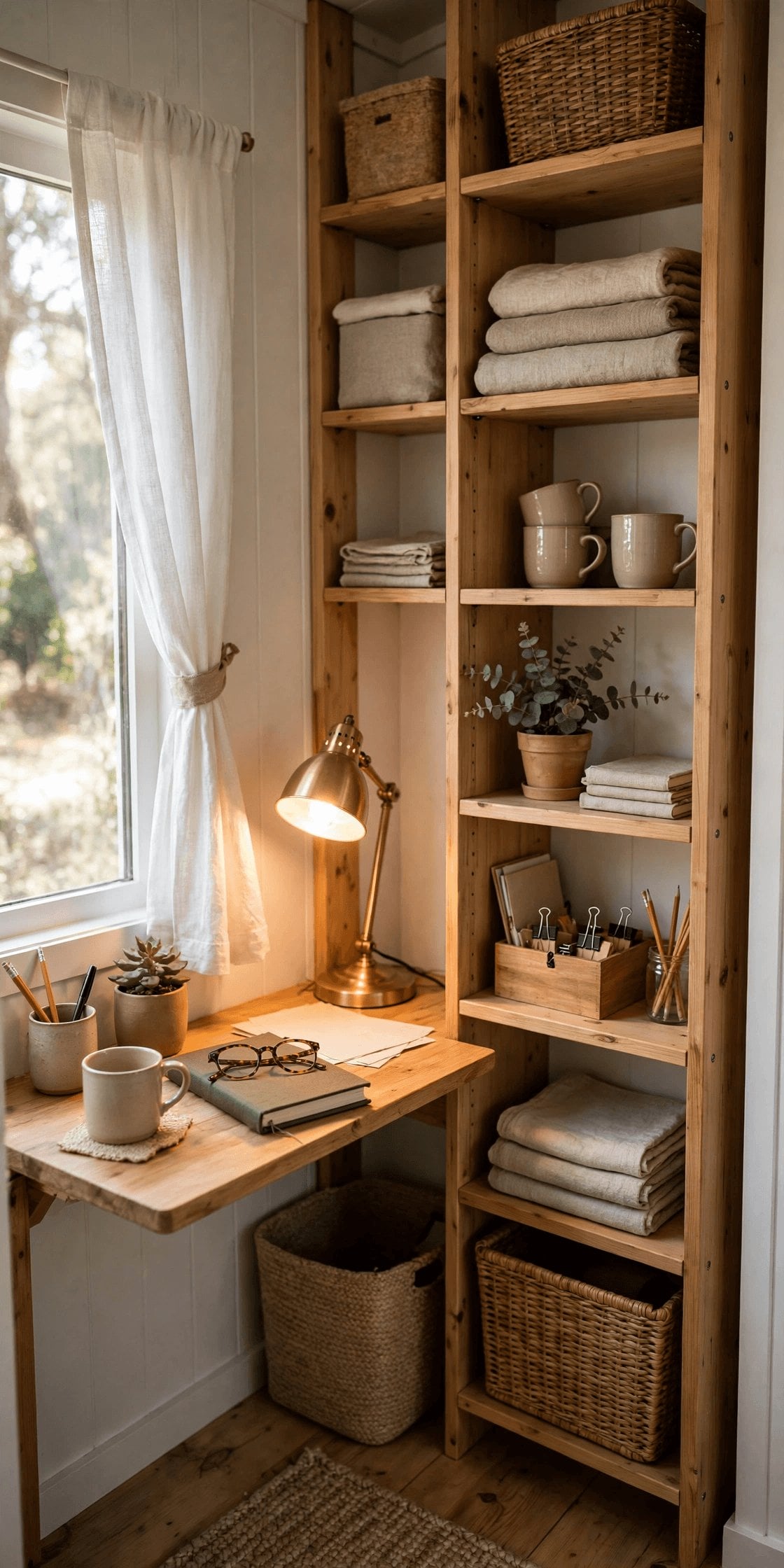 tiny home office ideas with a closable boundary, calm lighting and a chair that fits a small work corner