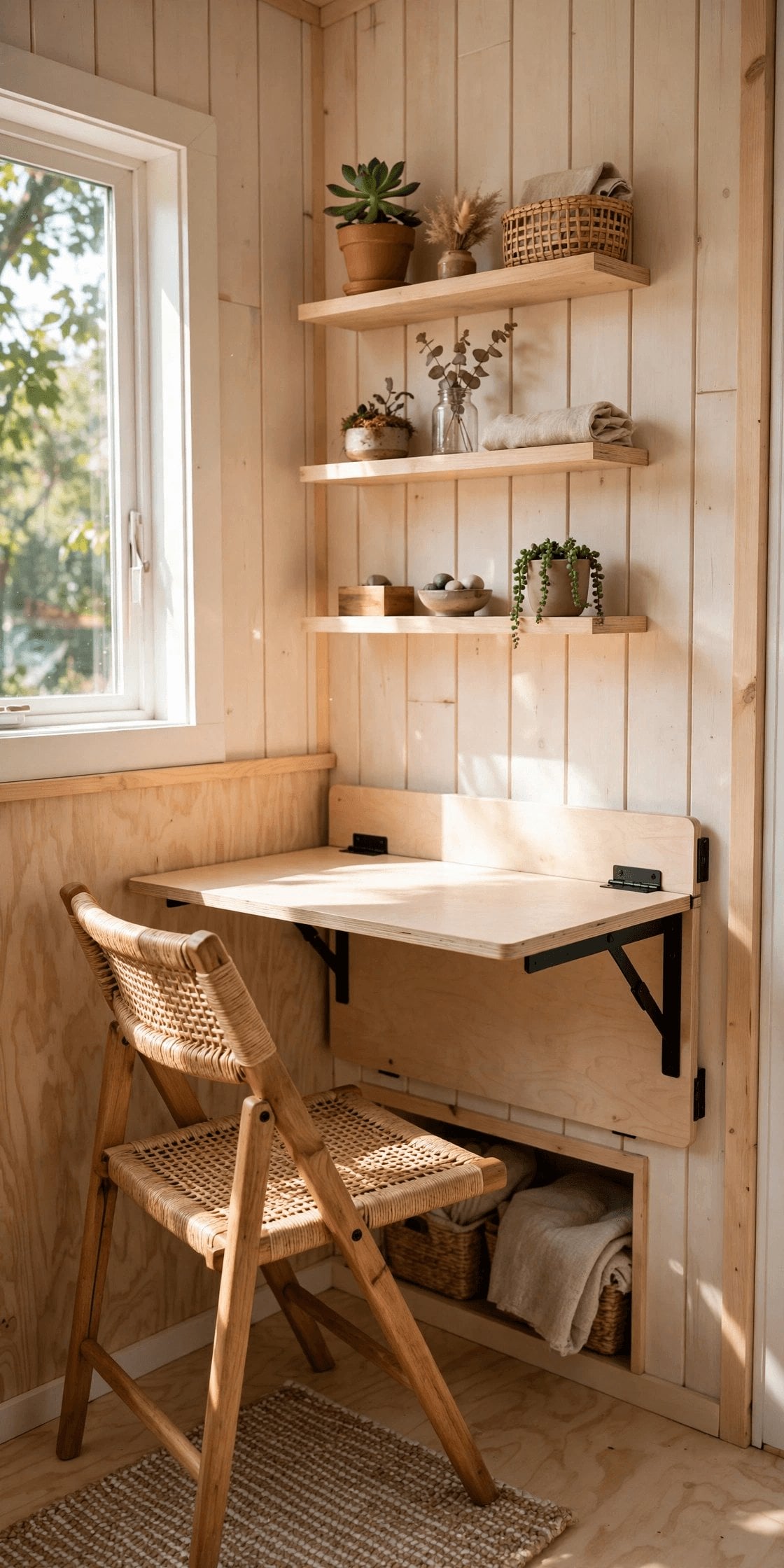 tiny home office ideas showing vertical closed storage and a compact desk beside a window for focused work