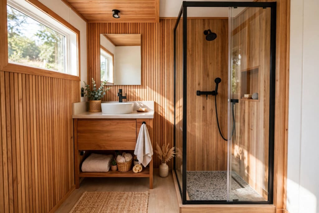 tiny house bathroom interior design compact wet bath with vertical storage and light finishes