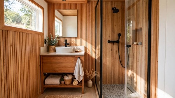 tiny house bathroom interior design compact wet bath with vertical storage and light finishes