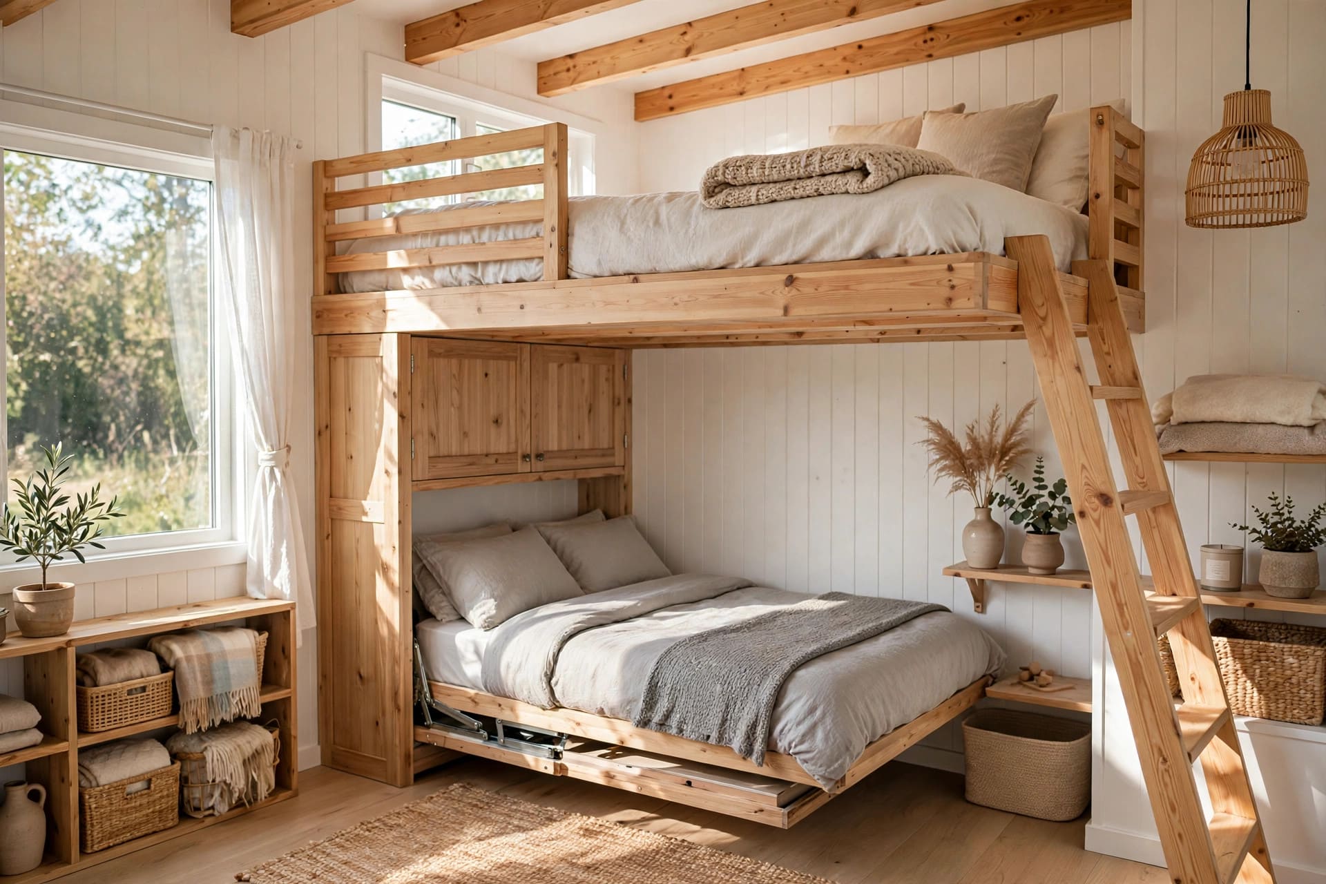 tiny house bedroom interior design loft sleeping area with storage stairs and soft natural light