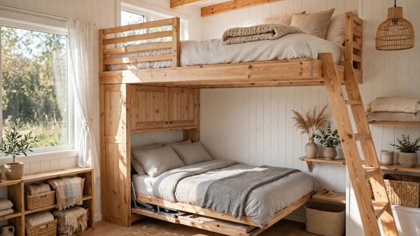 tiny house bedroom interior design loft sleeping area with storage stairs and soft natural light