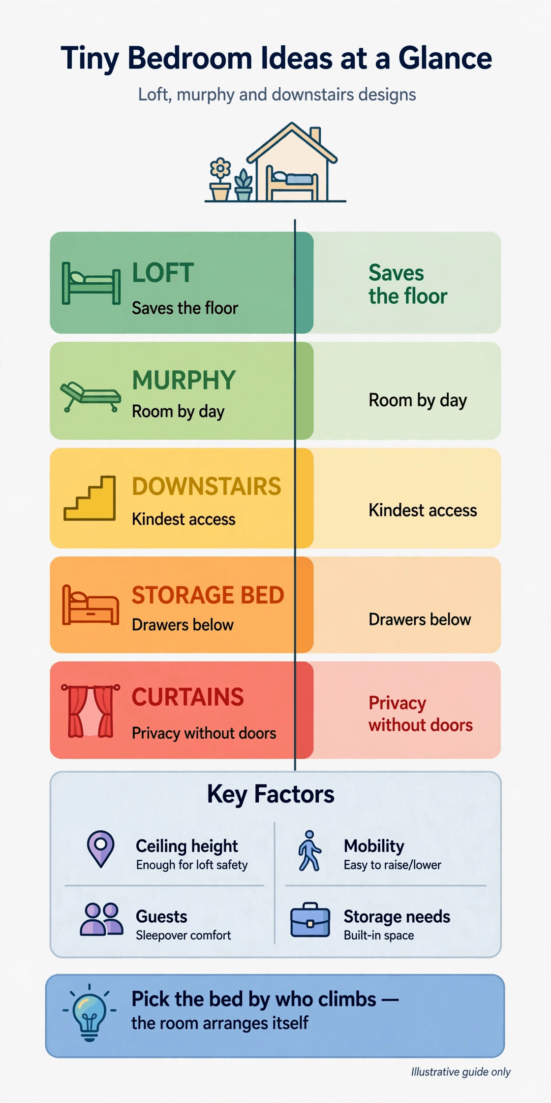 tiny house bedroom interior design summary infographic comparing loft murphy and downstairs bedroom layouts