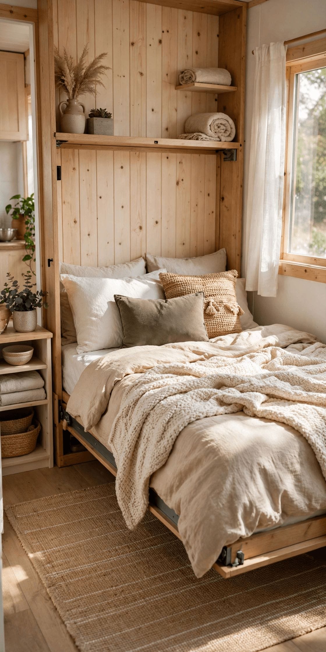 tiny house bedroom interior design downstairs bedroom with a privacy screen and layered bedding