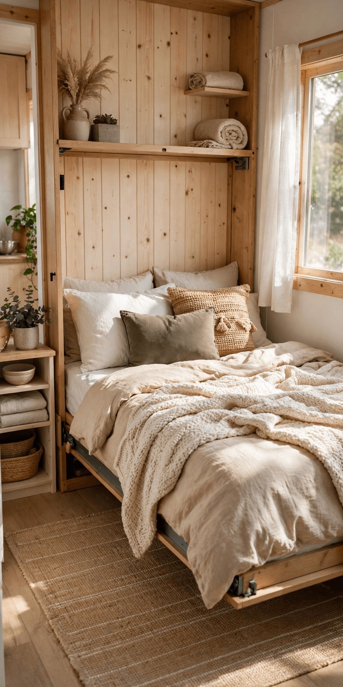 tiny house bedroom interior design downstairs bedroom with a privacy screen and layered bedding