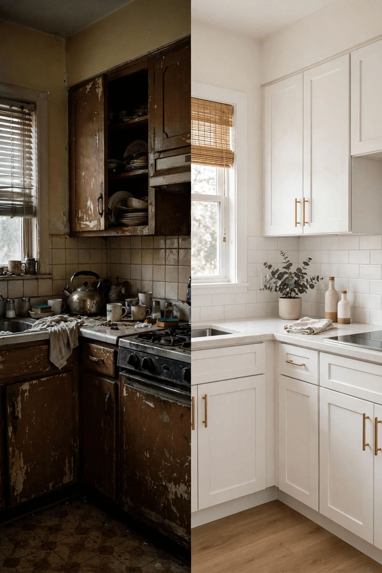 tiny house before and after pin showing paint and lighting changes in a small home