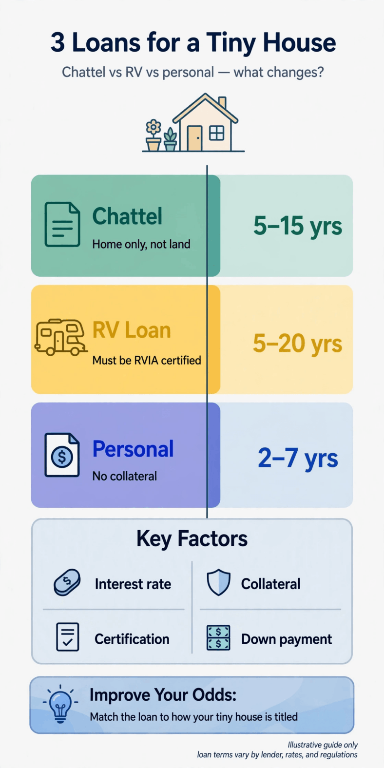 Tiny house chattel loan vs RV loan infographic — comparing chattel, RV and personal loans on the same amount borrowed