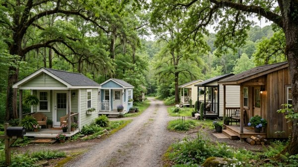 Tiny houses arranged along a quiet shared lane in a North Carolina community with trees and porches