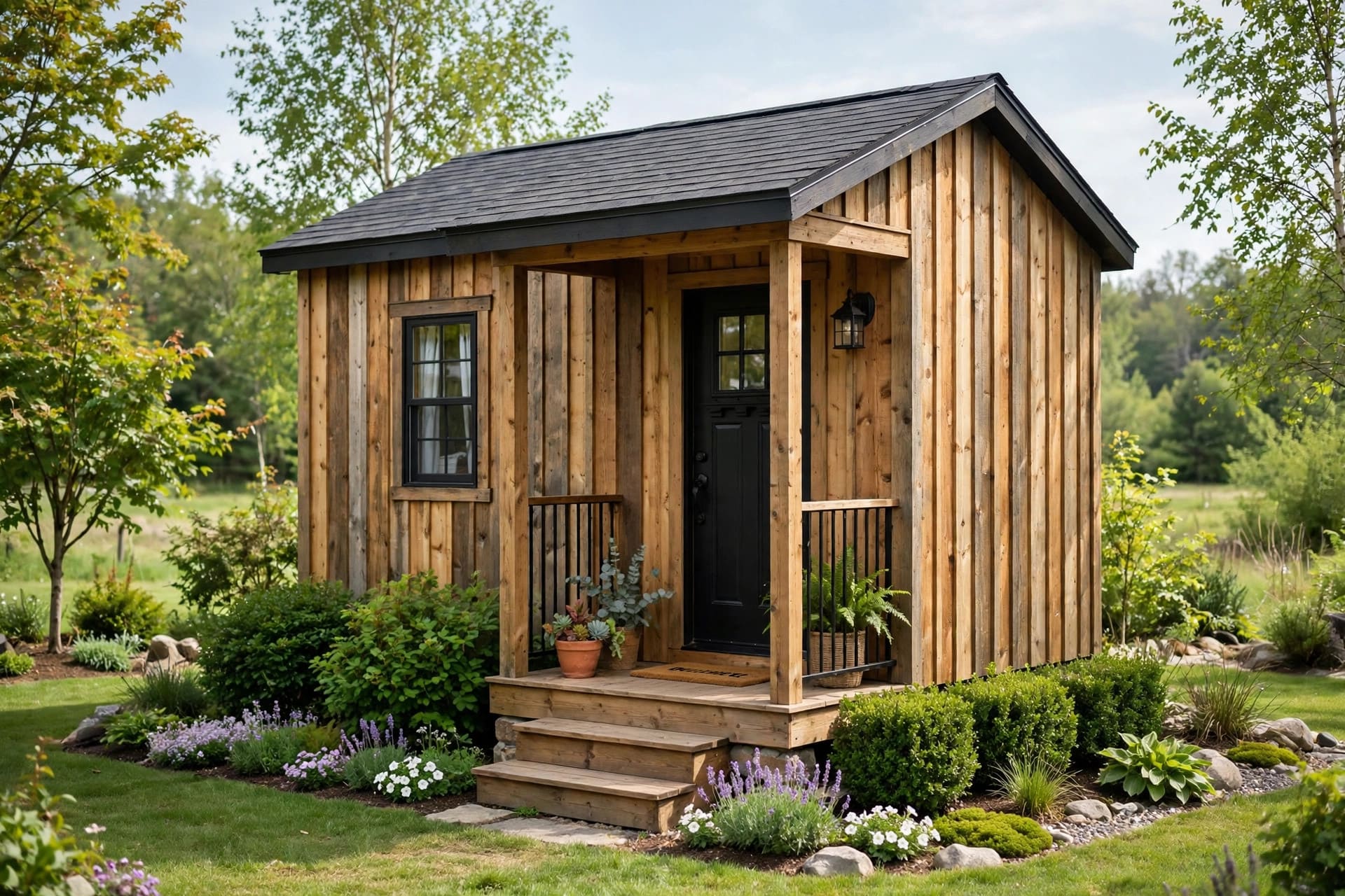 tiny house exterior ideas showing a small cottage with warm siding, a gabled roof and a welcoming front porch