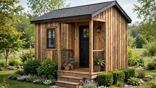 tiny house exterior ideas showing a small cottage with warm siding, a gabled roof and a welcoming front porch