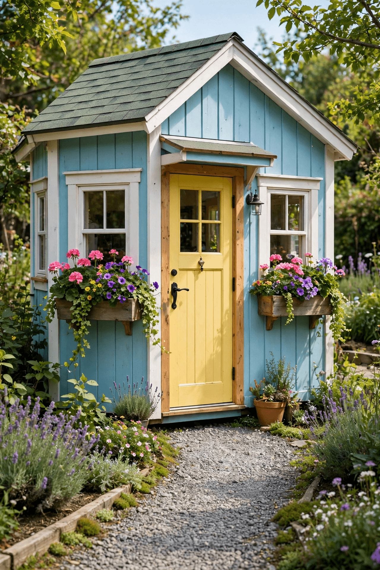 tiny house exterior ideas showing a framed front garden, a stone path and a window box on a small home