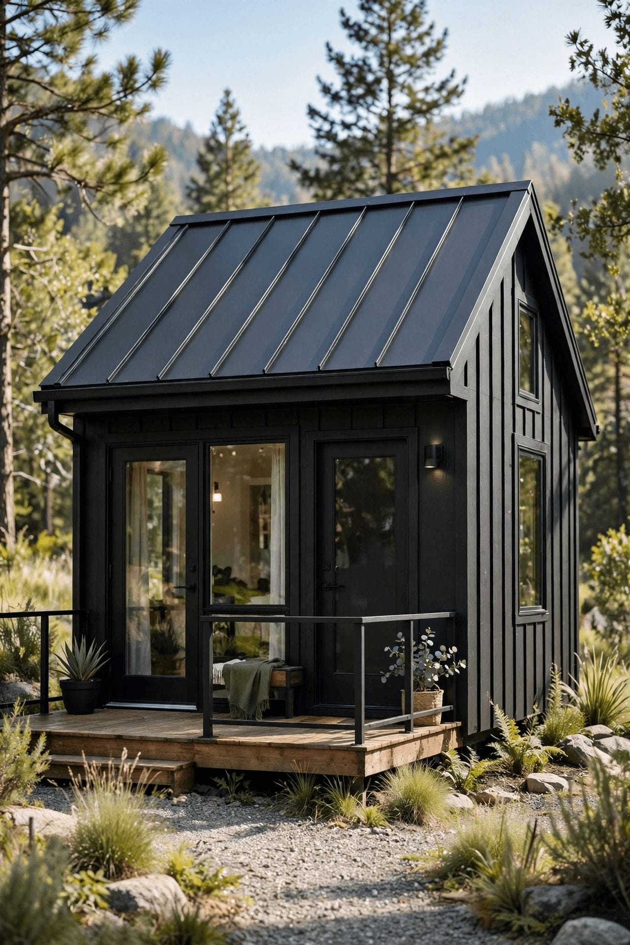 tiny house exterior ideas with contrasting siding colours, a standing seam roof and warm porch lighting